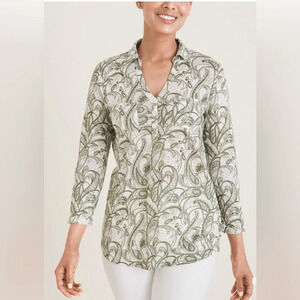 Chico’s Green Paisley Linen Top with Quarter Sleeves LARGE